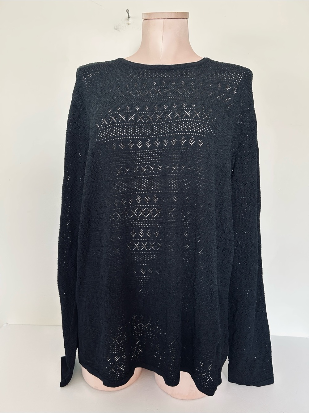 Jones New York Y2K Retro Open Knit Mesh Sheer Textured Black Sweater Womens 2XL
